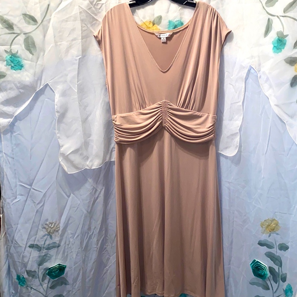 NWOT STUDIO AA BEIGE SLEEVELESS V-NECK DRESS SZ 16
